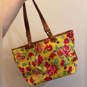 Dooney & Bourke Yellow Tote with Red Floral Design 16X11" with dusty bag.